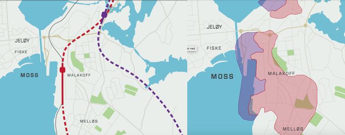 Kart over alternative togtraseer og kvikkleiresonen i Moss
