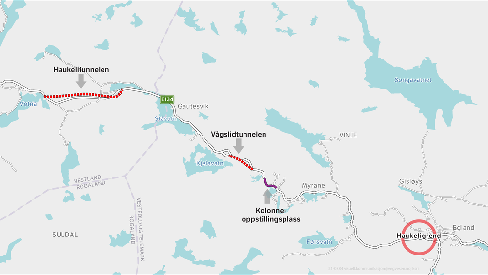 Kolonneoppstillingsplassen kommer på E134 mellom Myrane og Kjelavatn.