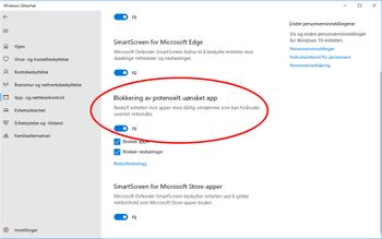 Innstillingen for blokkering av potensielt uønskede apper i Windows 10.