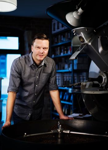 Pictures of coffee barista, Tim Wendelboe, at his coffee roastery in Grüners gate 1 in Oslo, Norway. 