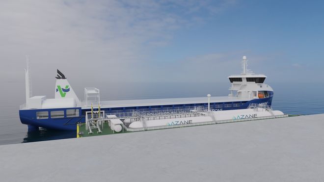Bunkringsanlegg tilpasset ammoniakk er viktig når skip skal fylle drivstoff. Lekter med ammoniakktanker ligger mellom kaia og et av de planlagte bulkskipene til Viridis.
