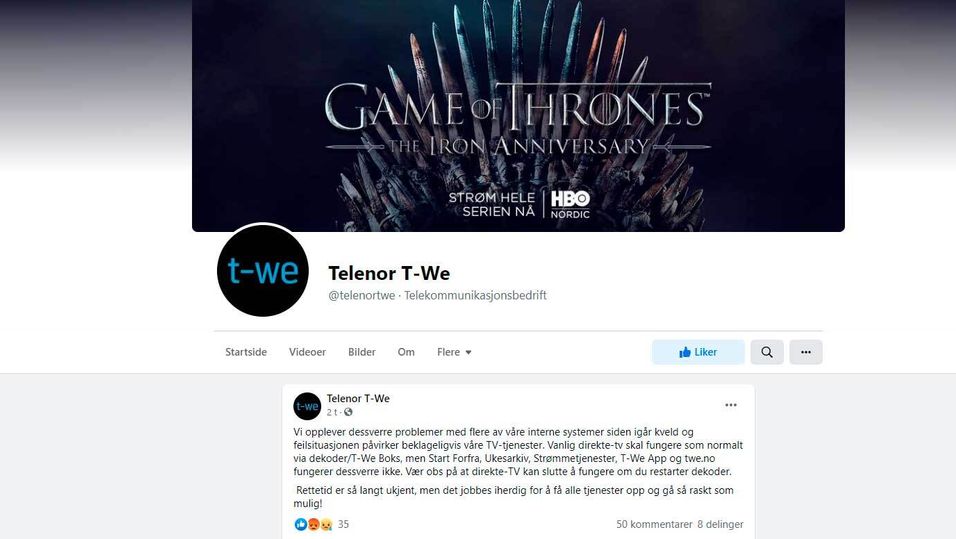 Skjermdump fra Facebook-sidene til Telenor T-We mandag klokken 14.00.