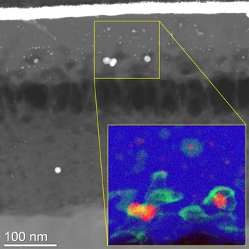 Her har forskerne kapslet inn proteindekte gullnanopartikler i en mikroskopisk glassdråpe. Teknikken åpner for kjemisk analyse i et elektronmikroskop. Gullet er rødt, proteinene er grønne og glasset er blått.