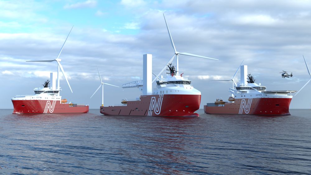 Vard skal bygge to nye spesialskip for installasjon og service på offshorevindparker (CSOV) samt bygge om et forsyningsskip (i midten på illustrasjonen) til vindserviceskip (SOV). Kontrakten er inngått med nystartede Norwind Offshore med tidligere olje- og gasspesialistrederier som gründere.