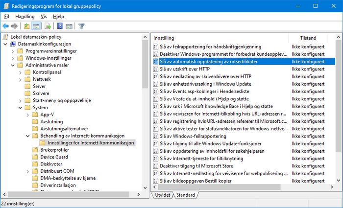 Redigeringsprogrammet for lokal gruppepolicy i Windows 10, med valget for å slå av automatisk oppdatering av rotsertifikater.
