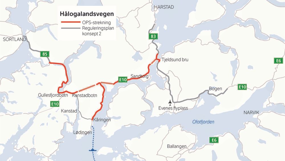 Kart over strekningene i den nye Hålogalandsveien.