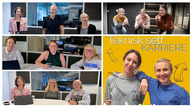Journalistene Kjersti Flugstad Eriksen (t.v.) og Tuva Strøm Johannessen (t.h.) er journalister og programledere i Teknisk Ukeblads nye podkast Teknisk sett karriere. I montasjen vises noen av gjestene som de snakker med i podkasten.