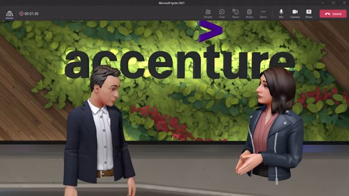 Jason Warnke og Ellyn Shook, begge i Accenture, møtes i selskapets virtuelle etasje gjennom Microsoft Teams.