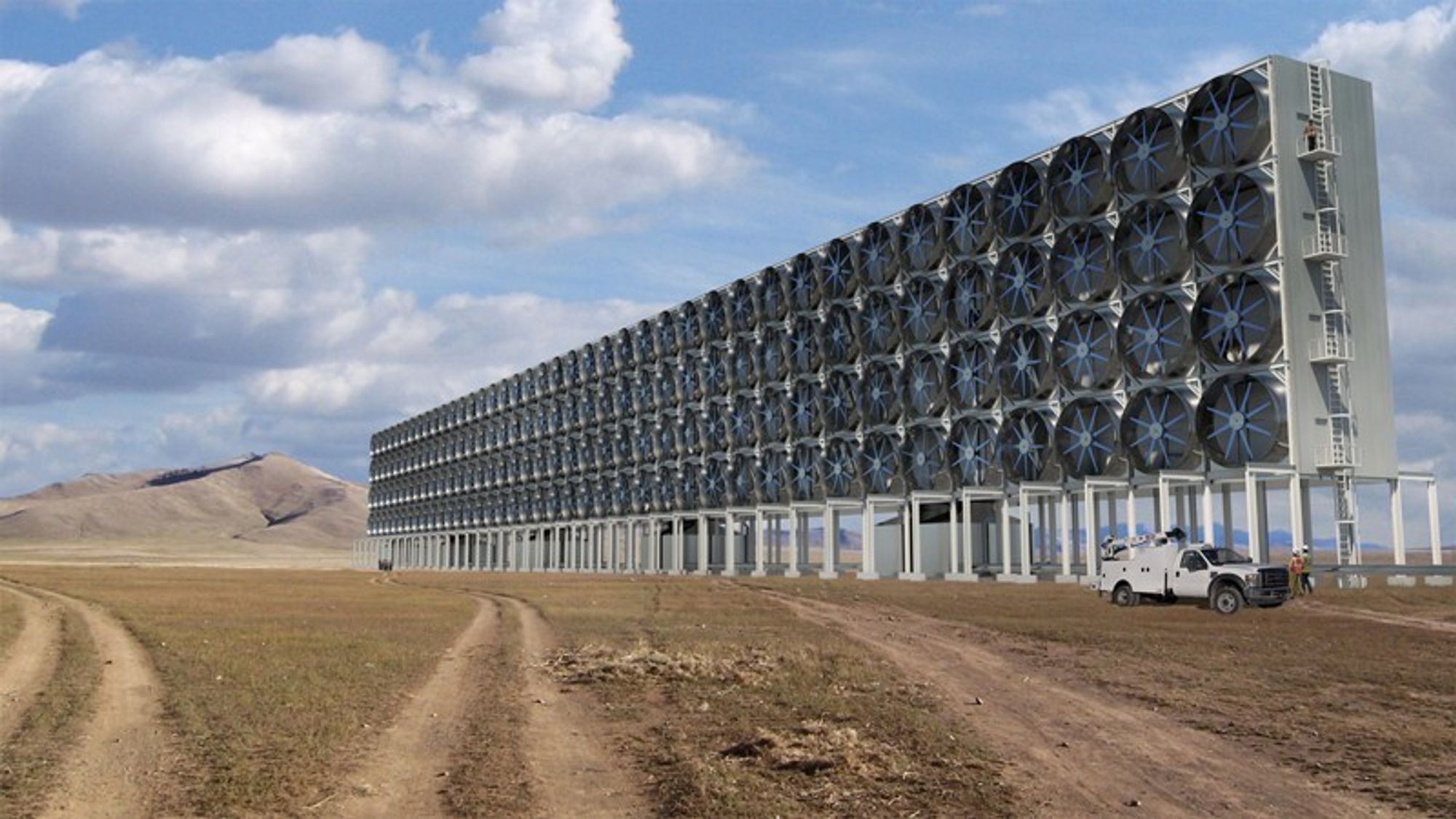 Enorme vifter suger inn luft og binder CO2 i hydroksid. Den energikrevende prosessen fanger CO2 fra luft. I skottenes tilfelle er planen å lagre den permanent i et reservoar i Nordsjøen.