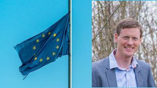 Et slitt EU flagg, og et portrettfoto av Brian Jørgensen