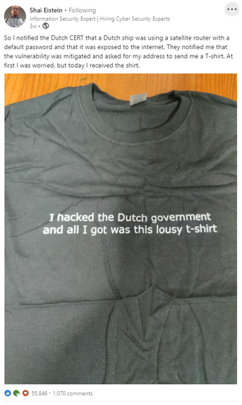 En t-skjorte med teksten I hacked the Dutch goverment and all I got was this lousy t-shirt