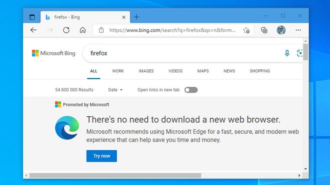 Microsoft-annonse på Bing som fraråder nedlasting av andre nettlesere.