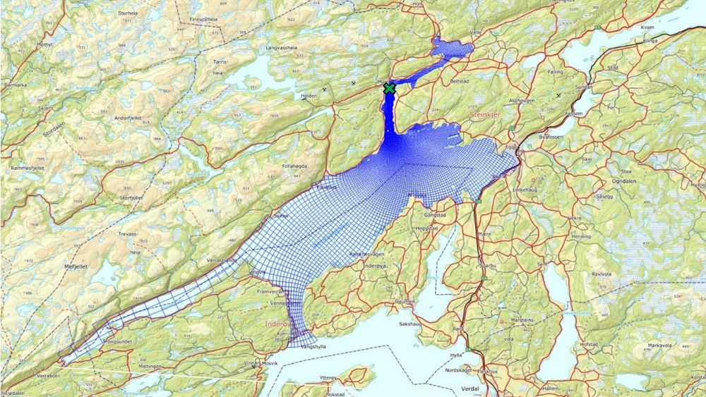 Kartet fra modelleringen av utslipp illustrerer hvordan utslippene fra utslippspunktet (merket med x) vil spre seg i fjorden.