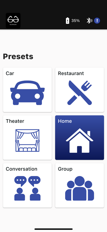 App-bilde av ulike plasseringer, med bilde av bil, hus, teater osv.