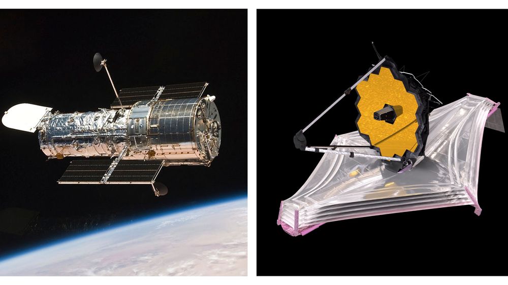 Kombinasjonsfoto fra Nasa som viser Hubble-teleskopet i bane rundt jorda (til venstre), og en illustrasjon av James Webb-romteleskopet til høyre.
