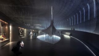 Tegning av det nye museet med vikingskip og besøkende.