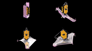 Illustrasjonene viser utbrettingen av solskjermen og andre komponenter på James Webb-teleskopet. 