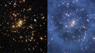 En samling galakser sett via romteleskop. Den blå skyggen på høyre bilde indikerer mørk materie. Mengde og plassering er beregnet basert på gravitasjonslinseeffekten. 
