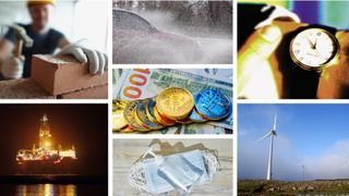 Collage av bilder av håndverker, oljeplattform, bil i regn, bitcoin, covid-maske, armbåndsur og vindturbin.