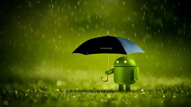 Android-maskoten med paraply i regnvær.