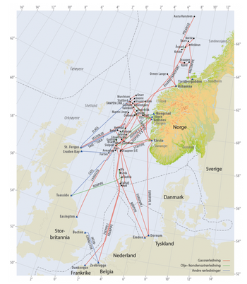 Kart med tegning av rørledningene som fører norsk gass til land i Europa.