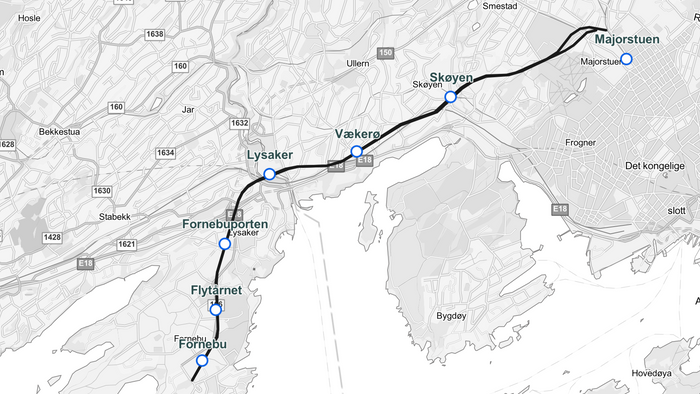 Traséen for Fornebubanen vil gå fra Majorstua stasjon i Oslo til Fornebu i Bærum.