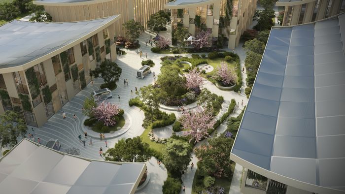 Oversiktsbilde av tegnet gatetun med planter mellom hus.
