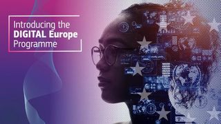 Teksten "Introducing the DIGITAL Europe Programme over lilla bakgrunn og et portrett av en kvinne med ulike EU og digitale symboler over.