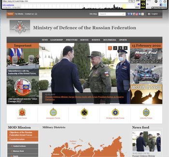 Den nyeste kopien i Wayback Machine av de engelskspråklige websidene til det russiske forsvarsdepartementet er fra 15. februar 2022.