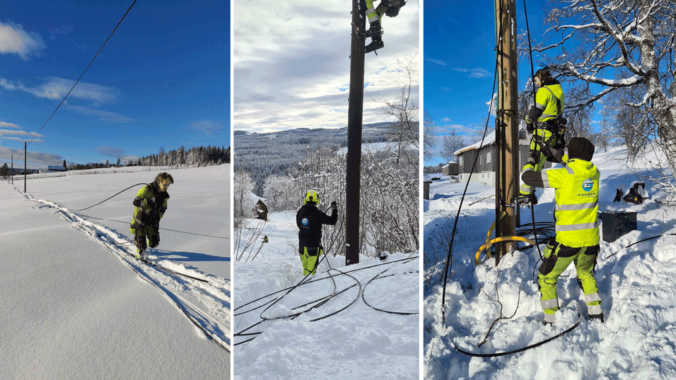 Tessta Connect – her representert ved montører som strekker fiberoptiske kabler i stolper i vakkert vinterlandskap – får svensk eier i Transtema.