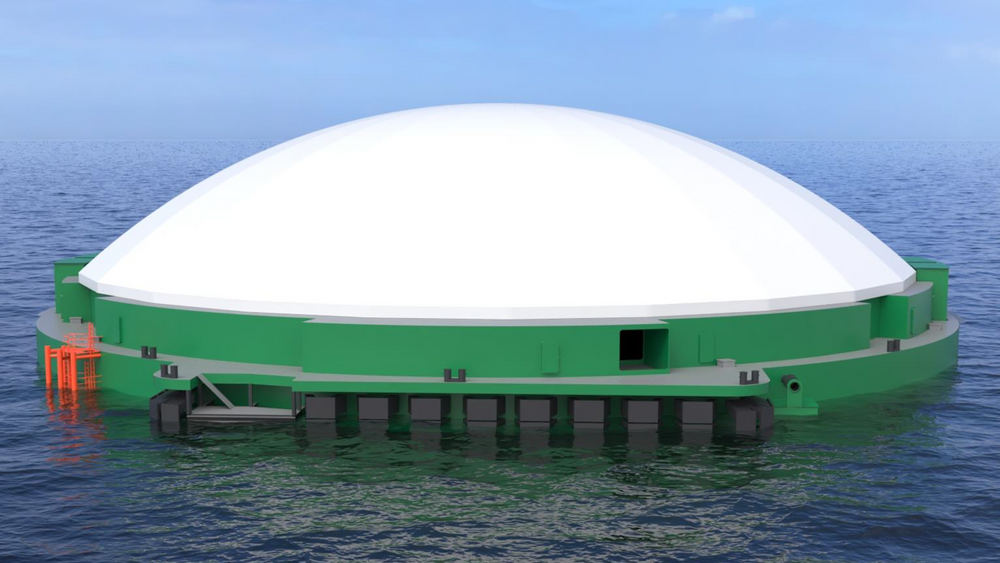 Slik vil konstruksjonen ta seg ut i havet. Anlegget vil ha sin egen infrastruktur som fôrlager og ensilasjetanker, og vil ikke trenge en fôrflåte i tillegg.