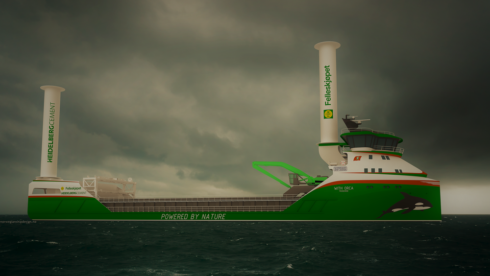 With Orca blir verdens første nullutslipps bulkskip med stor gravemaskin, som også skal benyttes til å løfte av og på de ti containerne med komprimert hydrogen akter (swapping).