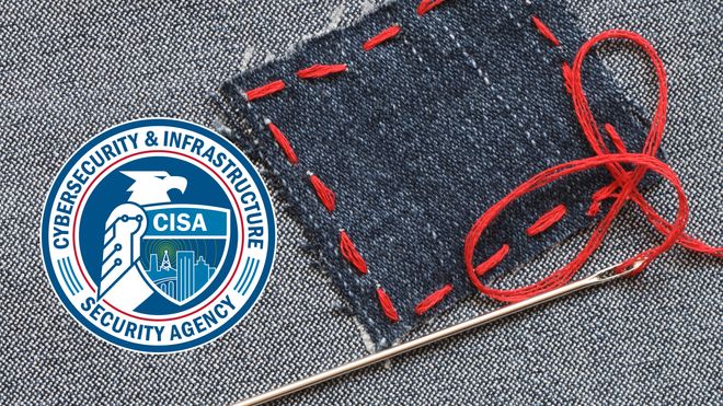 CISA-logoen ved en tøylapp, nål og tråd.