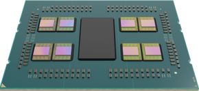 AMD Epyc med 3D V-Cache, uten deksel. Her ser man alle de ni brikkene som prosessoren består av.