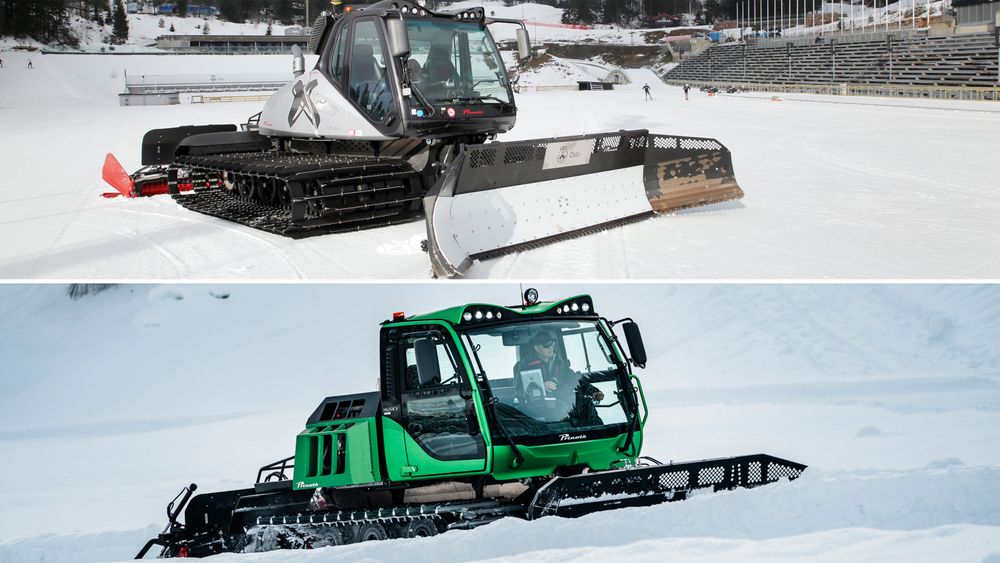 Øverst den dieseldrevne løypemaskinen Prinoth litwolf, nederst helelektriske Husky eMotion.