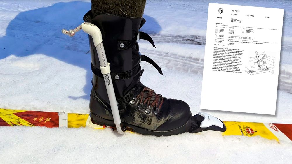 Den patenterte anordningen består av en teleskopisk støttearm festet i skien og en kappe rundt leggen.