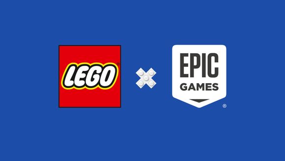 Lego og Epic Games sine logoer på blå bakgrunn med en x imellom bygget av lego.