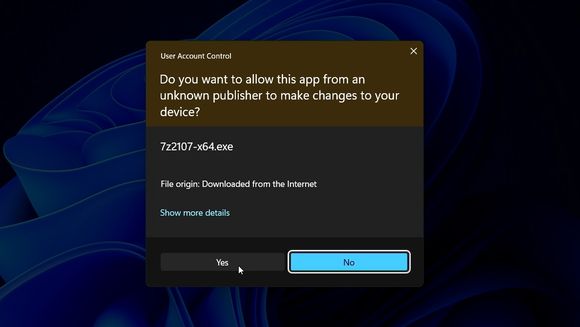 Smart App Control tillater at 7zip-appen kjøres, selv om den ikke er signert. Men brukeren må samtykke først.