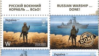 Oppdaterte, ukrainske frimerker over senkningen av den russiske missilkrysseren «Moskva».