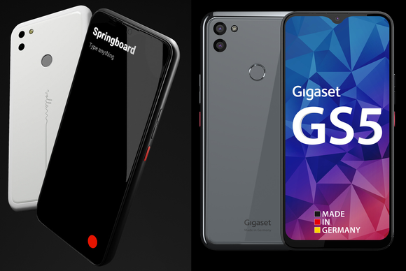 VollaPhone 22 til venstre og Gigaset GS5 til høyre, telefonene ser helt like ut, kun forskjellige farger, og skjermgrafikk