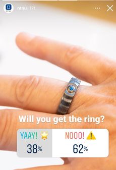 Bilde av ringen med tekst Will you get the ring? 38 prosent ja, 62 prosent nei. 