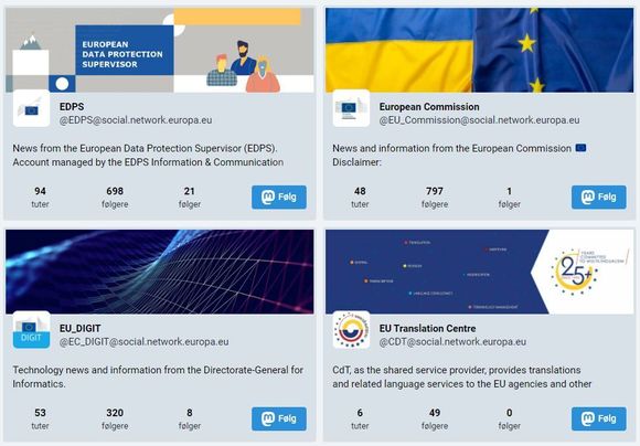 SKjermbilde fra EU VOice, vi ser fire profiler, med kort beskrivelse og antall følgere. EDPS sin profil har 698 følgere