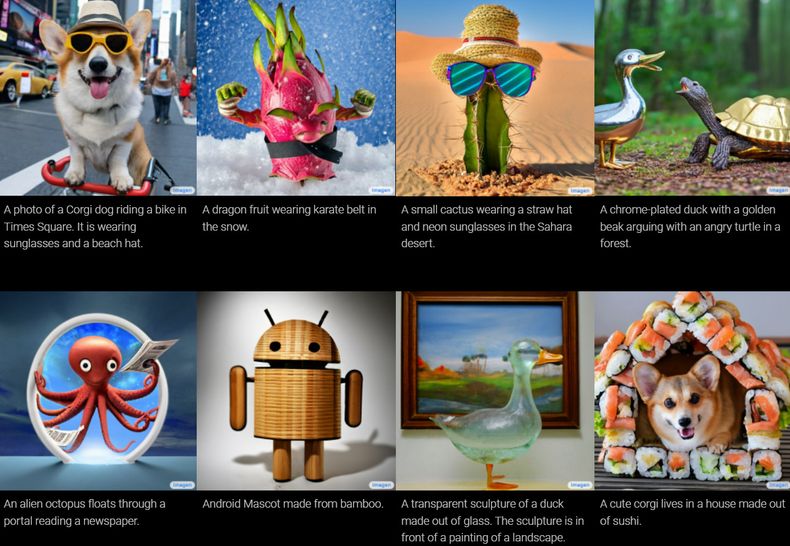 Eksempler på tekstbeskrivelser og tilhørende bilderesultater som har blitt generert med Imagen-modellen til Google.