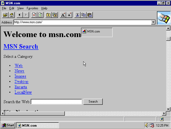 Internet Explorer 1.0 del 1995. Qui MSN.com è aperto nel browser.