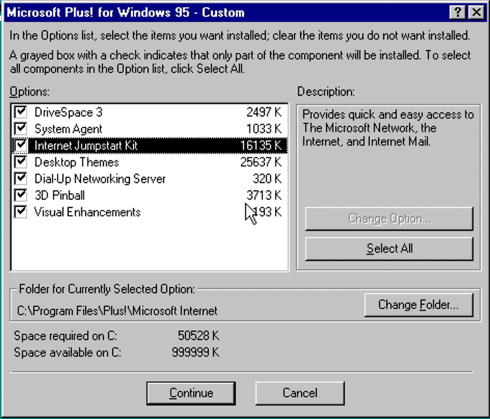 Installasjonsvalgene i Microsoft Plus! for Windows 95. Internet Explorer var en del av komponenten Internet Jumpstart Kit.