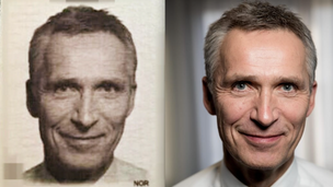 To bilder av Stoltenberg, et "passfoto" og et pressefoto som er identiske.