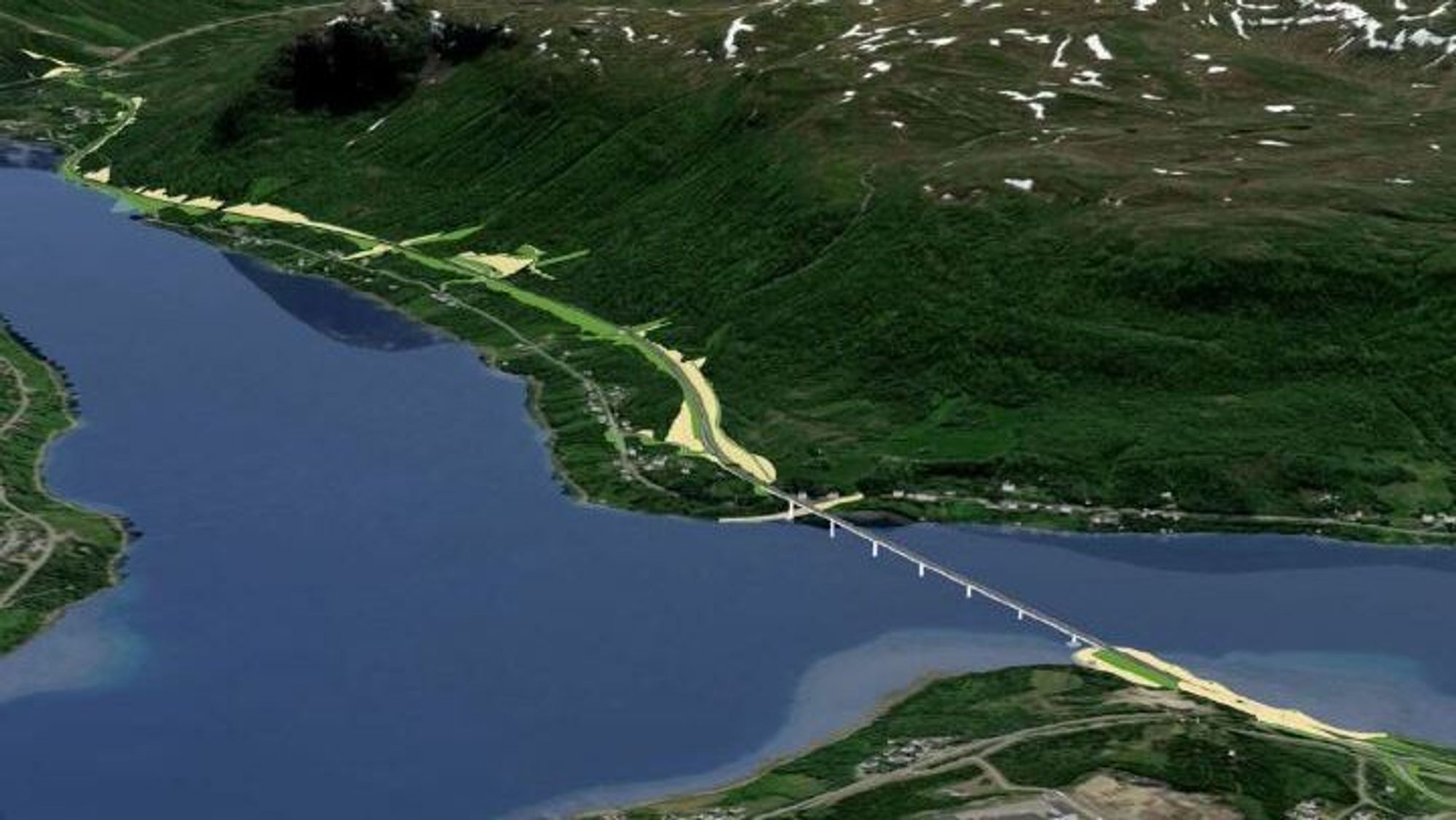 Fjordkryssingen og veien sørover langs fjorden sett nordfra.
