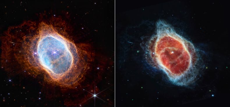 Dette kombinasjonsfotoet som Nasa offentliggjorde tirsdag, viser observasjoner fra sørlige Ring Nebula i nesten infrarødt lys (t.v.) og middels infrarødt lys. Bildene er tatt av James Webb-teleskopet.