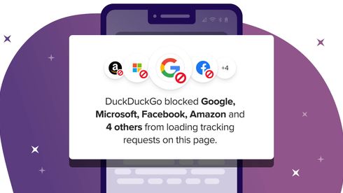 Tegning med pop-up der det stpr "DuckDuckGO blocketd Google, Microsoft, Facebook, Amazon and 4 others from loading tracking requests on this page"