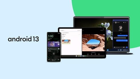 tekst som sier "Android 13" og bilde av en telefoni, et nettbrett og en laptop med android på mobilen og nettbrettet, og chrome OS og en sms-utveksling på laptopen